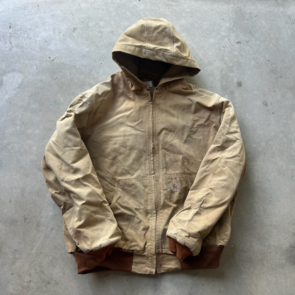 Vintage Carhartt Active Jacket Tan Duck Canvas Hooded Workwear Coat J131 J140